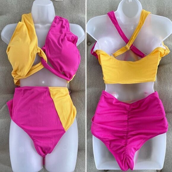 NEW SHEIN Fuschia Yellow Twist Front Bikini 4XL - Picture 1 of 6